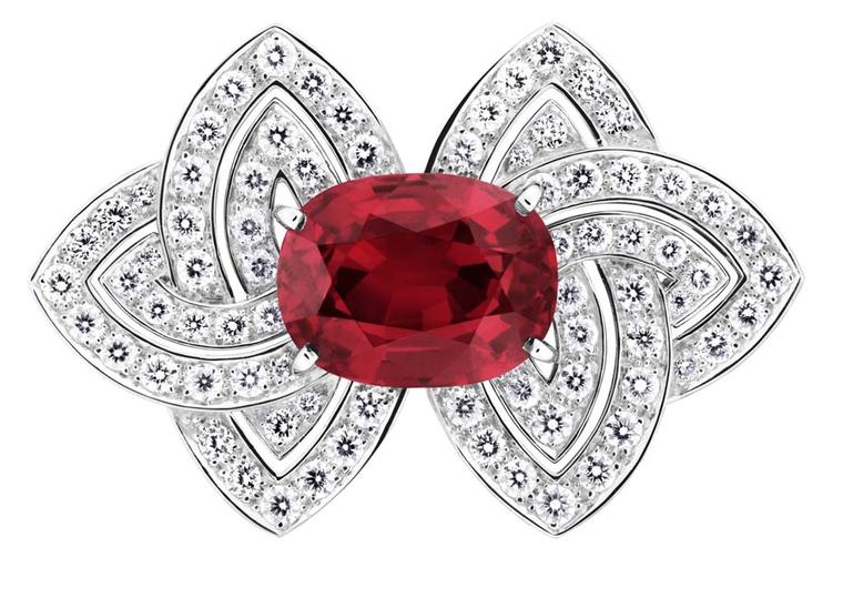 Louis Vuitton high jewellery ring featuring a centrally set African ruby, flanked by diamonds.